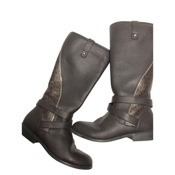 Michael Kors Womens Emma Claire Riding Boots Brown Straps Mid Calf Monogram 5 - Picture 1 of 8